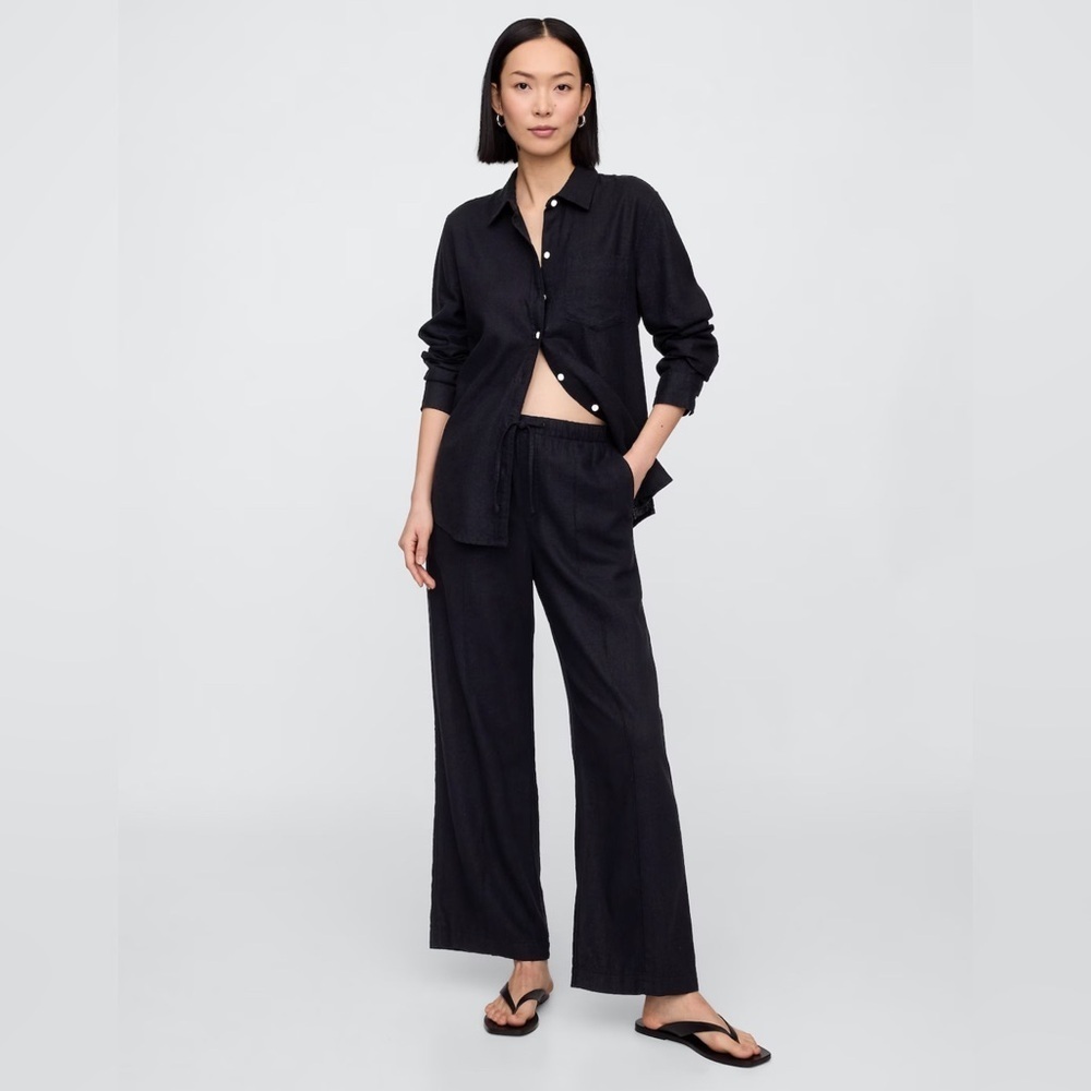 New! Gap Black Mid Rise Linen-Blend Pull-On Wide-Leg Pants - Multiple 744898
